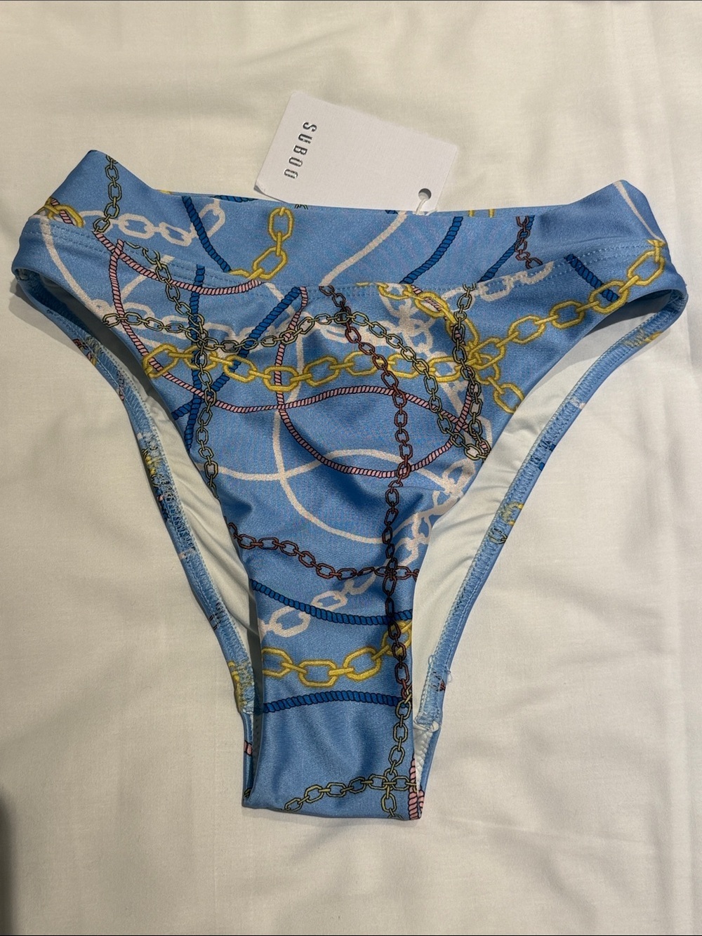 SUBOO Light Blue Chain-Print High-Cut Bikini Bottom NWT